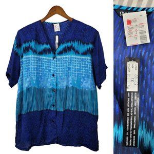 Vintage New Studio Basic Plus Size 1X Button up Shirt Top blue Geometric mesh